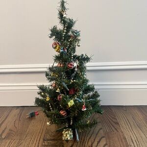 Vintage Tinsel Lighted Table Top Christmas Tree Ornaments Green 24" Rare 1970's